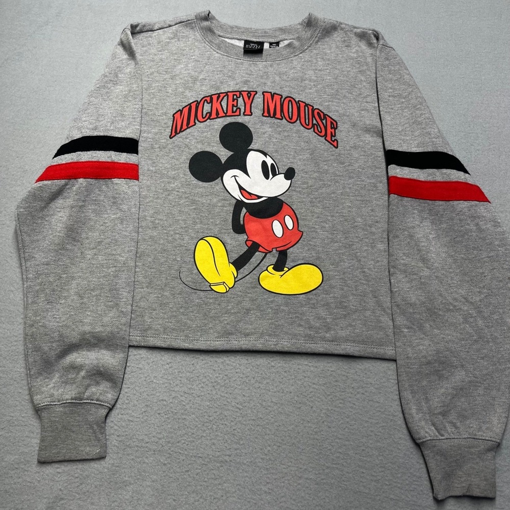 Disney‎ Mickey Mouse Grey Cropped Sweatshirt Women's Size Medium Striped Sleeve
